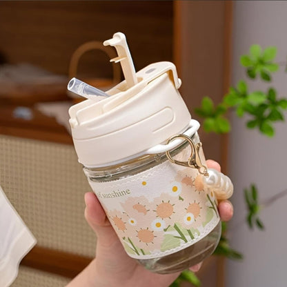 Glass Coffee Mug with Pearl Chain Design Travel Tumbler and Lid, Kids Girls Cup