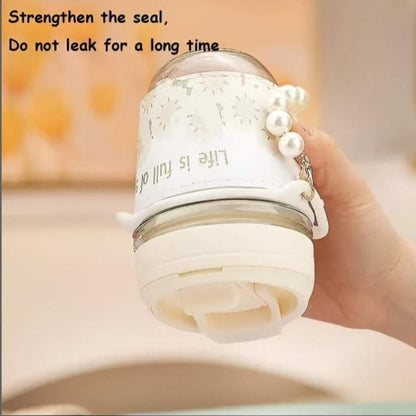 Glass Coffee Mug with Pearl Chain Design Travel Tumbler and Lid, Kids Girls Cup