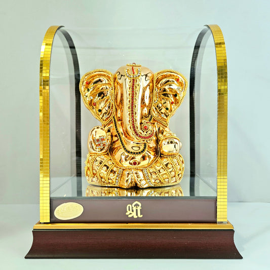Imported 24carat Gold Plated Cabin Idol with stones Decorated of Ganesha with Full Decorate for Puja Room Or Home Decor