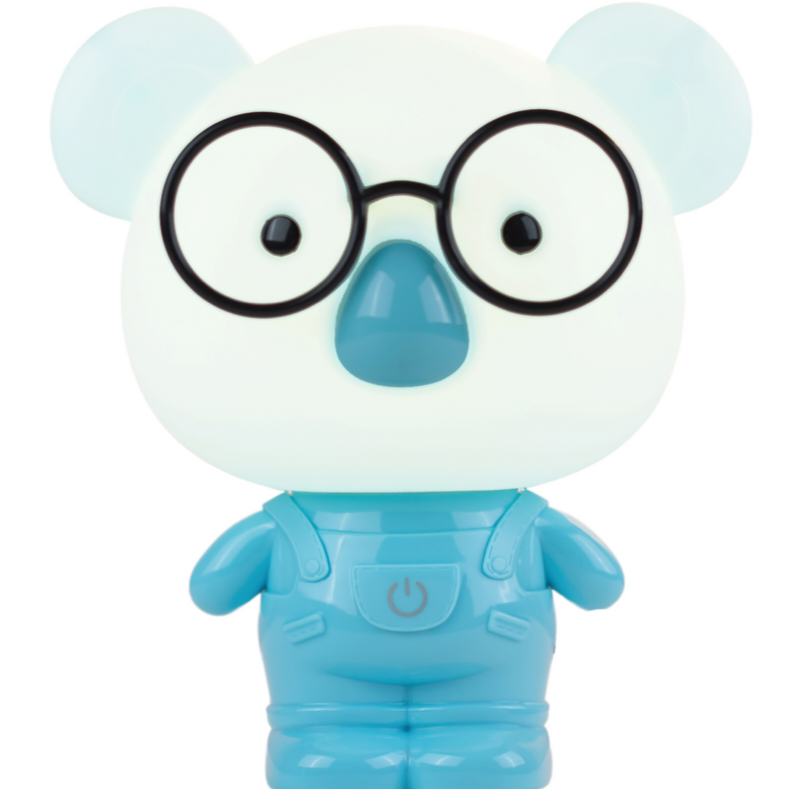 Blue cartoon character with glasses on a white background