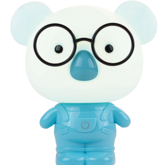 Blue cartoon character with glasses on a white background
