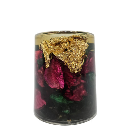 Handcrafted epoxy resin pen stand, featuring real dried rose petals and gold foil accents perfect for Table decor