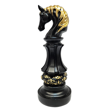 Decorative Knight chess piece figurine features a matte black finish with intricate gold accents on the mane and base
