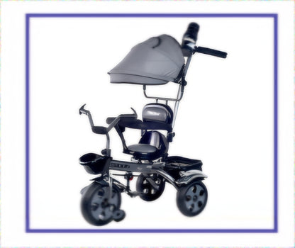 Dash star hexa super tricycle with canopy hood for sun protection,parental rod for movement,removable safety handrest,trin trin bell,360 degree rotating seat,front & rear Basket for storage,cushion seat for comfortable experience