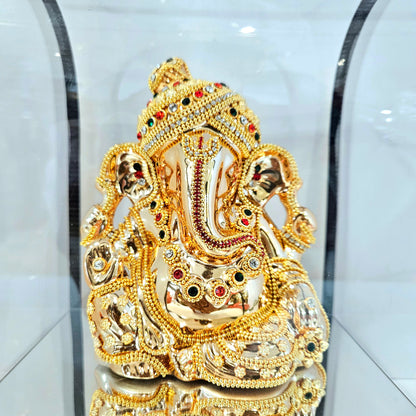 Imported 24carat Gold Plated Cabin Idol with stones Decorated of Ganesha with Full Decorate for Puja Room Or Home Decor