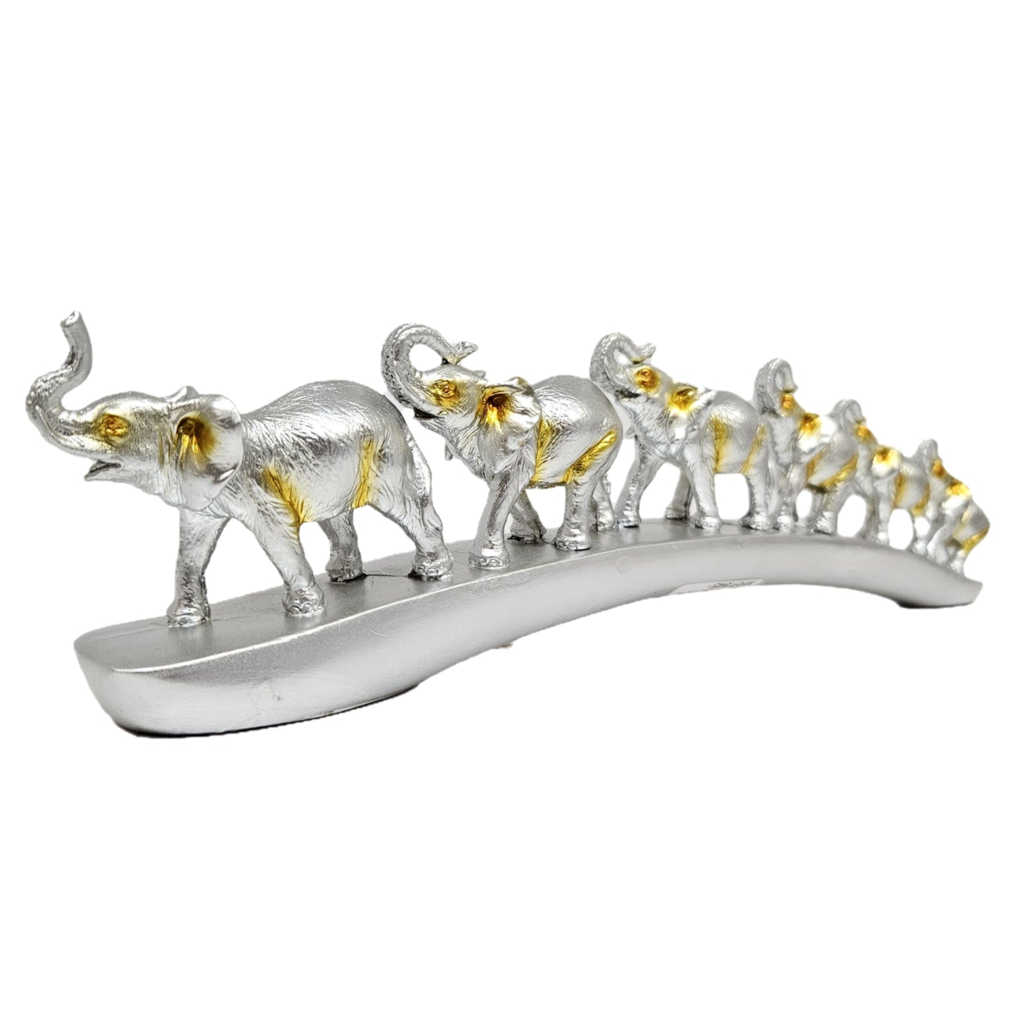 Decorative showpiece featuring six elephants walking in a row along a curved, bridge-like base