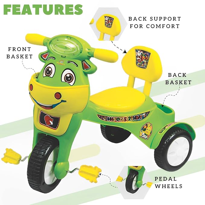 Panda's kids happy birthday tricycle with Lights & music with fun & joy,back support for comfort,front Basket,back Basket & pedal wheels tricycle
