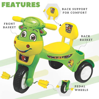 Panda's kids happy birthday tricycle with Lights & music with fun & joy,back support for comfort,front Basket,back Basket & pedal wheels tricycle