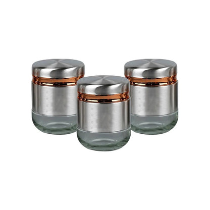 Steel Cover Window Clear Glass Jars for Kitchen Storage Food Spices Canister with Airtight Lid Container Organizer, Tea Coffee & Sugar Silver - 350ML, Set of 6 With Steel Stand