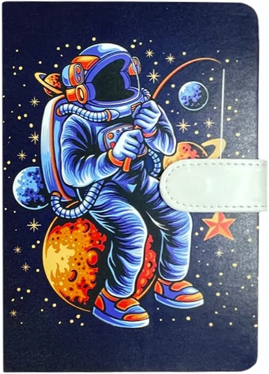 A5-sized notebook or diary with a hardcover featuring an astronaut design.