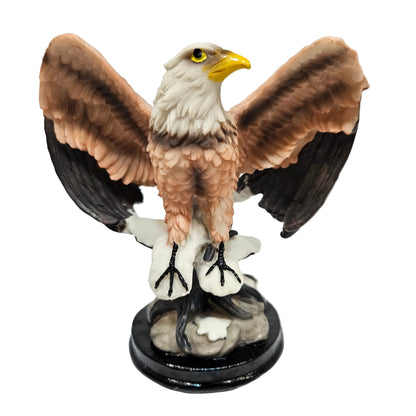 Eagle Sculpture with Red and Brown Feathers – Hand-Painted Ceramic Bald Eagle Figurine on Rock Base – Patriotic Wildlife Statue for Home, Office, Collectors and Gifts