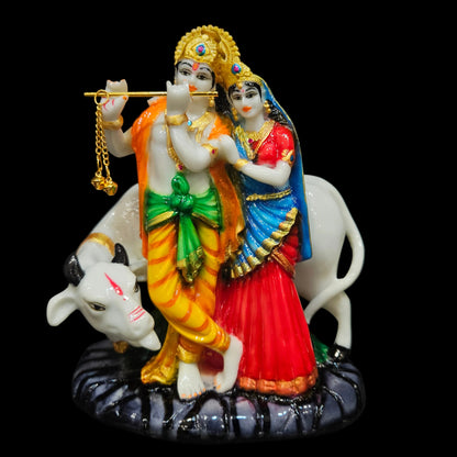 Marble Dust White Cow Radha Krishan with Golden crown Work Radha Krishan Radhe Shyam Murti Statue Idol for Home Pooja Gifted Piece Idol