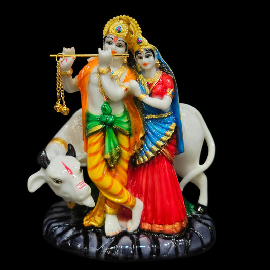 Marble Dust White Cow Radha Krishan with Golden crown Work Radha Krishan Radhe Shyam Murti Statue Idol for Home Pooja Gifted Piece Idol