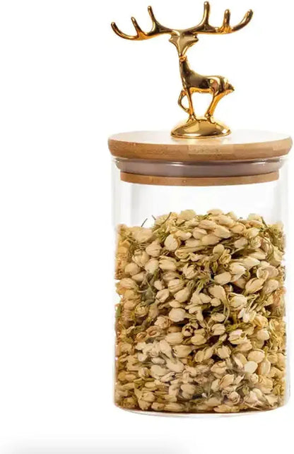 kitchen glass storage container airtight glass Jar sealed tank with metal elk deer top bamboo lid