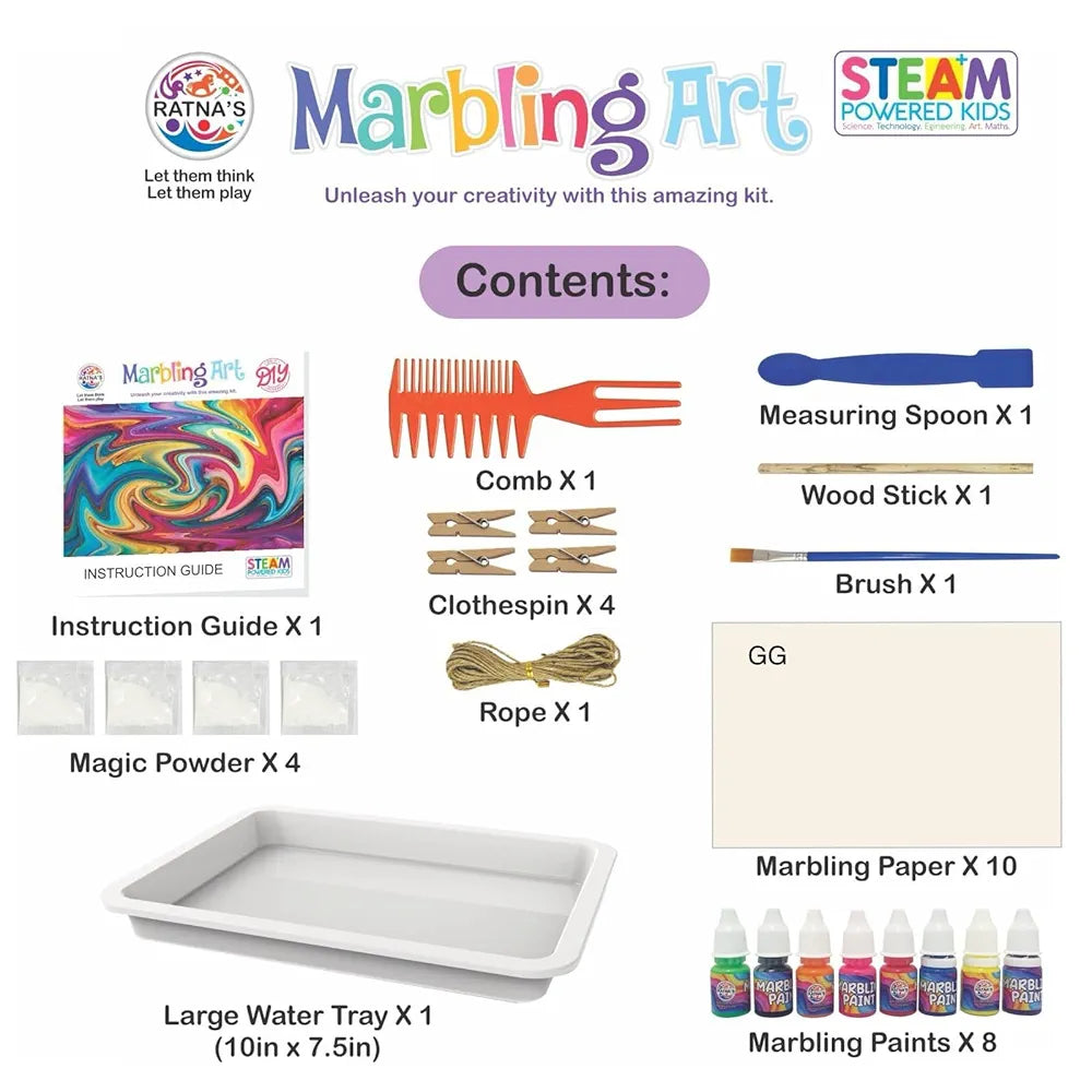 Ratna's Marbling Paint Art & Crafts Kit - Water Marble Painting Set, Craft Kits for Girls & Boys, 12 Vibrant Colors & 40 Sketch Papers, STEM Engaging Activities, Water Marbling - For Kids 4+ Years