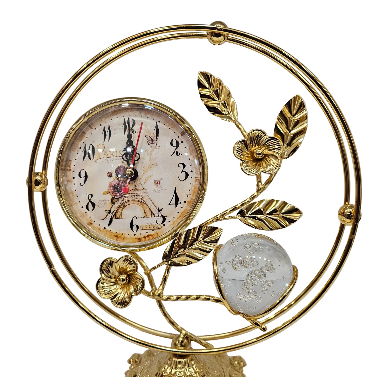 Golden metallic table clock features a unique "Paris" themed dial and a delicate floral branch design with a crystal-like sphere Showpiece