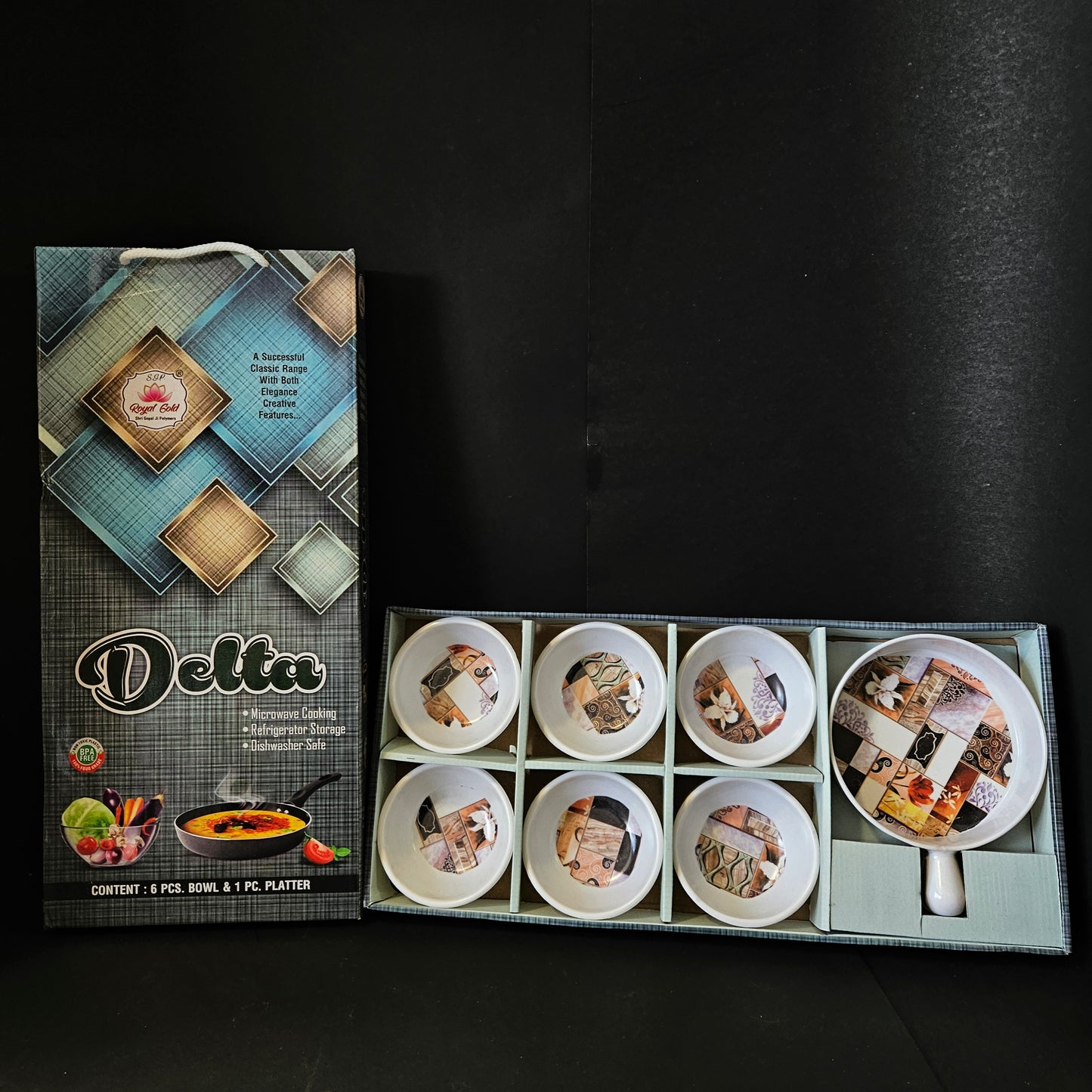 Royal gold delta Microwave cooking Refrigerator storage Dishwasher Safe 6pieces bowl & 1picece platter set