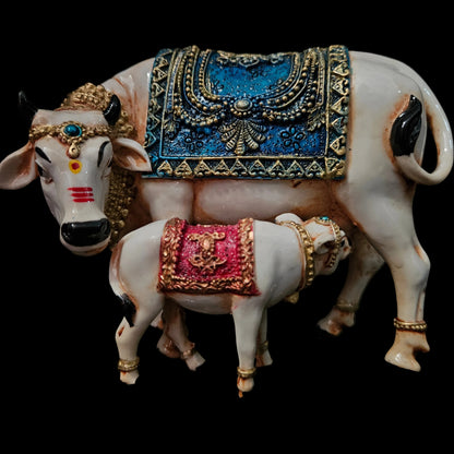 India Polyresin Decorative Cow and Calf Idol | Kamadhenu Gau MATA Murti Home Decor | Good Luck Gift Showpiece Figurine