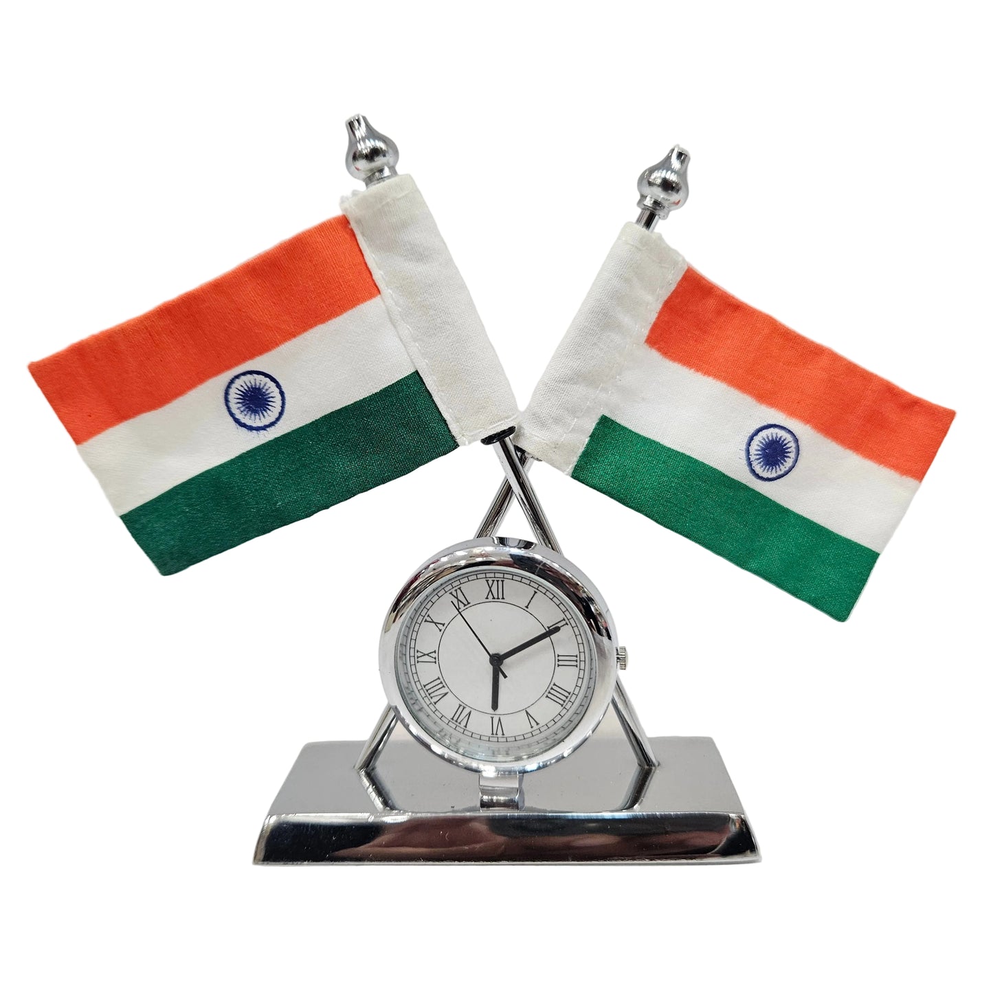 Indian Flag with Quartz Watch on Rectangular Brass Metal Base Stand For Car Dashboard Office Gift Purpose