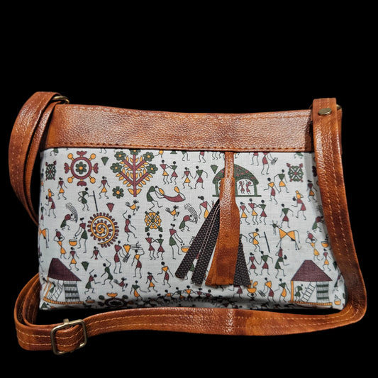 Beautiful Warli Art Designer Sling Bag/Tribal Art Designer Sling Bag For Women/Cross Body Ladies Sling Bag, White