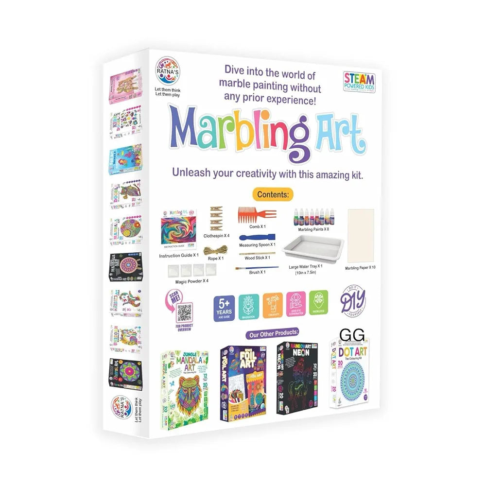 Ratna's Marbling Paint Art & Crafts Kit - Water Marble Painting Set, Craft Kits for Girls & Boys, 12 Vibrant Colors & 40 Sketch Papers, STEM Engaging Activities, Water Marbling - For Kids 4+ Years