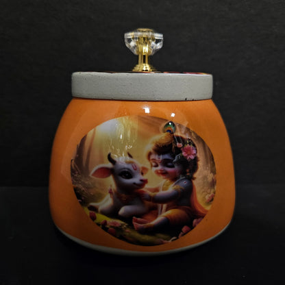 Little Krishna themed Metal Pichwai jar for Storage purpose,Return Gifts,marriage gifts
