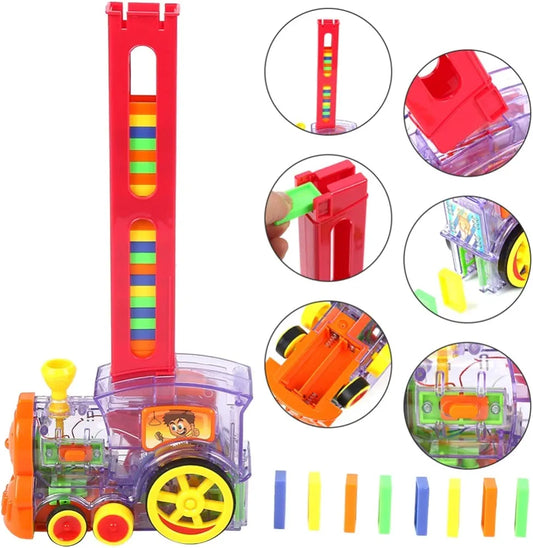 Domino Funny train Set of 60 Pcs Educational Domino Building Blocks Rally Engine with Accessories music & 3D light