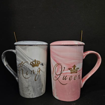 Couple Mug Coffee Ceramic Marble Cups with Lid Spoon Costers 14 Oz Wedding Anniversary Valantine Engegment Gifts for Bride and Groom King & Queen