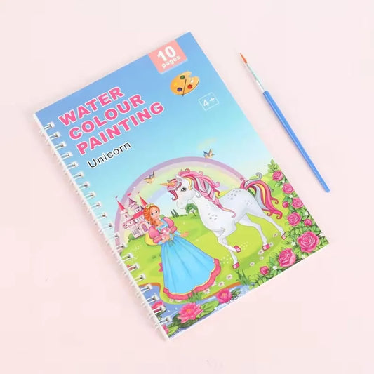 Children's watercolor painting book with unicorn and princess design on a pink background