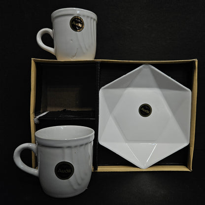Domino Exclusive gift set of 2 Ceramic tea cups & 1 serving platter for Return gift