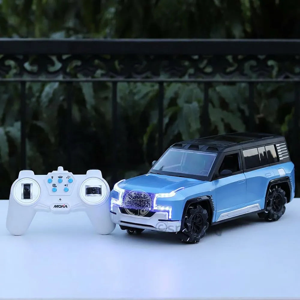Blue toy SUV with a remote control on a light surface with a dark green leafy background