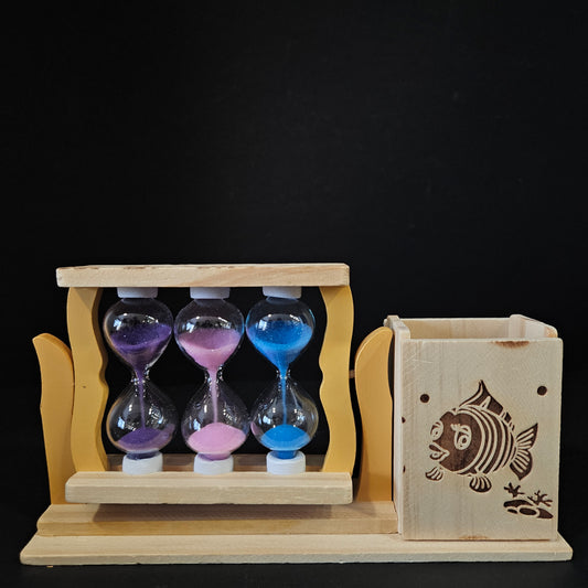 Handicraft Wooden penstand with sand Timers Pen Stand/Pencil Stand for Office & table decor