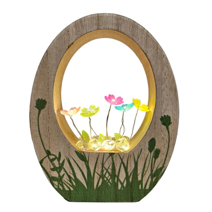 Multi colour battery Operated Flowers in grass printed wood showpiece for Table Decor