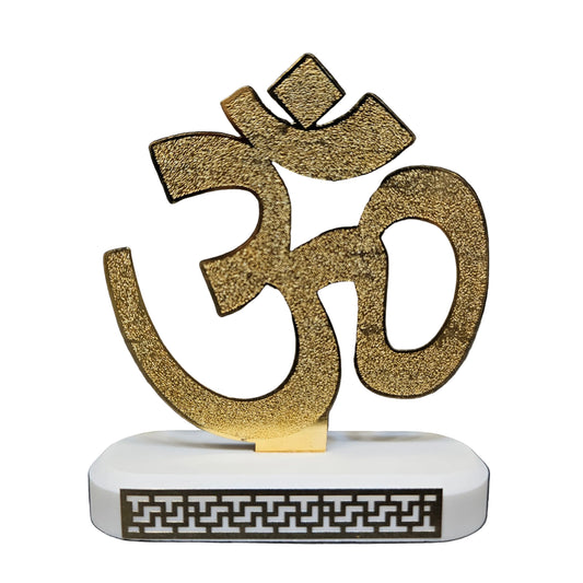 Golden Om for Car Dashboard God Idol on Wooden Platform | Om Statue for Mandir at Home | Hindu God Idols for Car Dashboard | Unique Decoration Items Murti for Temple, Office, Work Desk or Gift