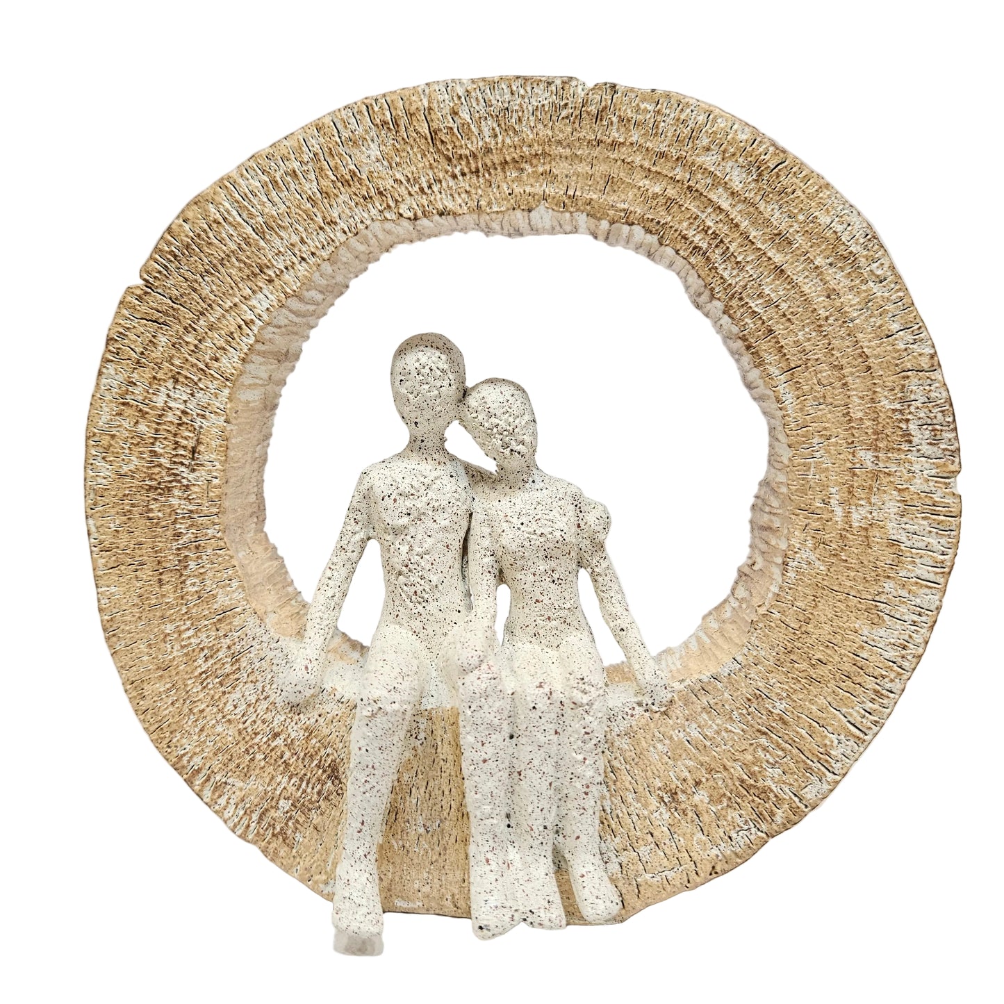 Textured, sand-finish couple figurine seated inside a circular arch, often sold as modern resin home décor