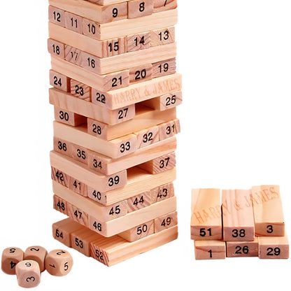 Wooden Building Blocks Puzzle Game 54 Pcs Challenging 4pcs Dice Wooden Blocks Stacking Game Maths,Tumbling Tower 54 Pcs with 4 Dices Game for Adults & Kids.