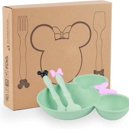 Wheat Straw Fiber Tableware Set of Feeding Plate, Fork and Spoon for Kids | Minnie Meal Bowl with Spoon & Fork Set for Baby/Toddler (1 Bowl, 1 Spoon and 1 Fork) for kids return gifting purpose