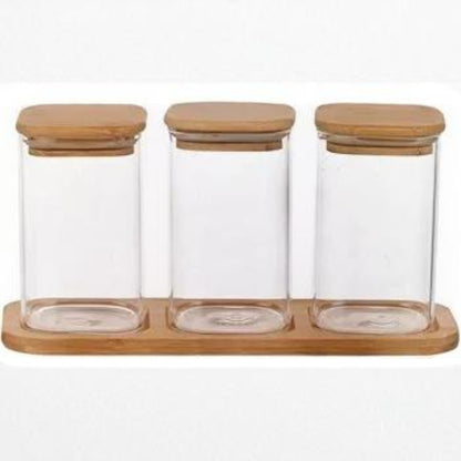 Glass Small Jar Set With Wooden Lid And Tray For Storing Spices Ghee Pickle Masalas Storage Jar Kitchen Organizer 280ml,Pack of 3 Jar