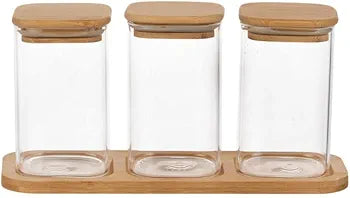 Glass Small Jar Set With Wooden Lid And Tray For Storing Spices Ghee Pickle Masalas Storage Jar Kitchen Organizer 280ml,Pack of 3 Jar