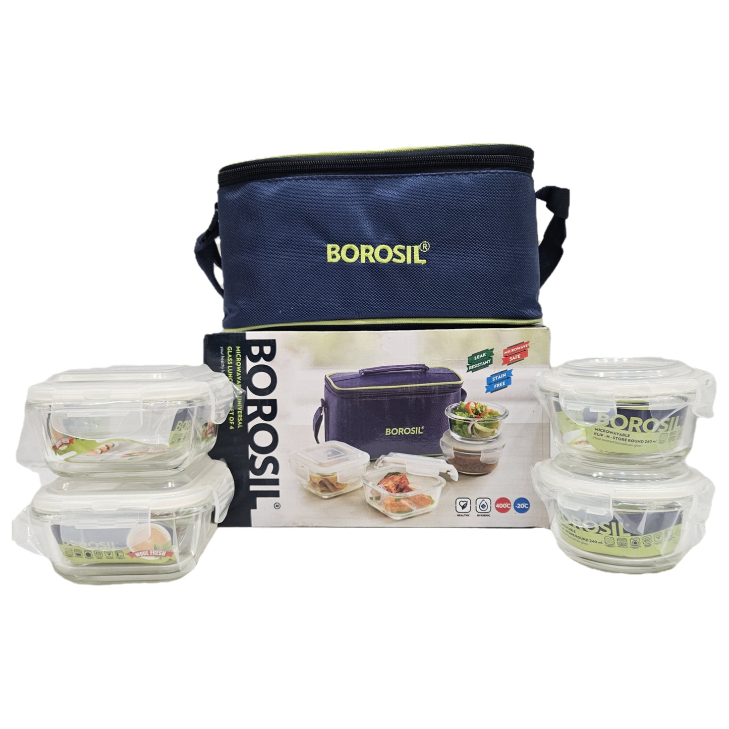 Borosil 4pcs set  Microwaveable Glass Square & round Lunch box with airtight lids