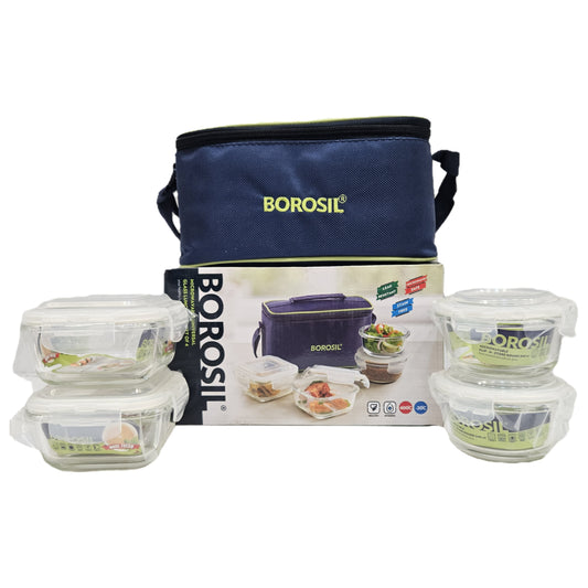 Borosil 4pcs set  Microwaveable Glass Square & round Lunch box with airtight lids