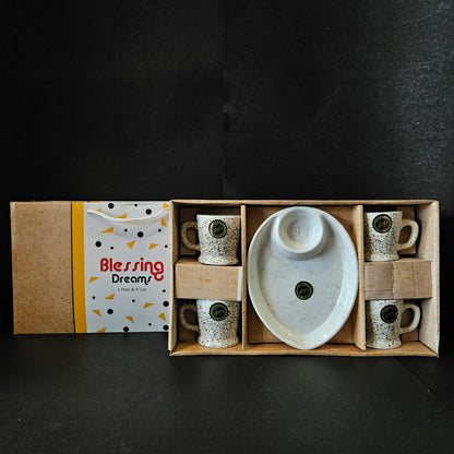 Kanch Blessing Dreams 4 Ceramic cup sets with 1 platter with Sauce dip perfect for Return gifting purpose