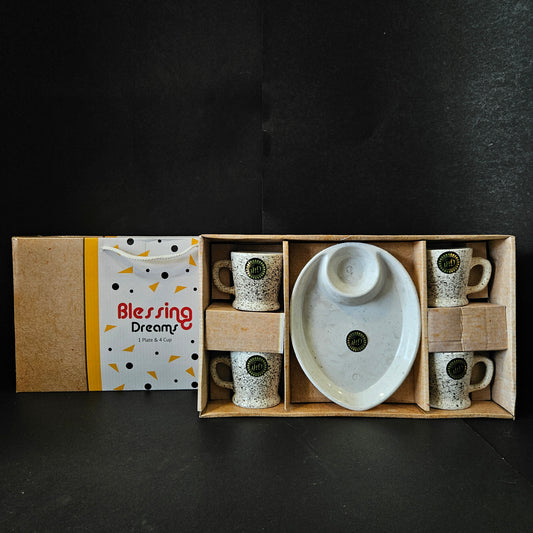 Kanch Blessing Dreams 4 Ceramic cup sets with 1 platter with Sauce dip perfect for Return gifting purpose