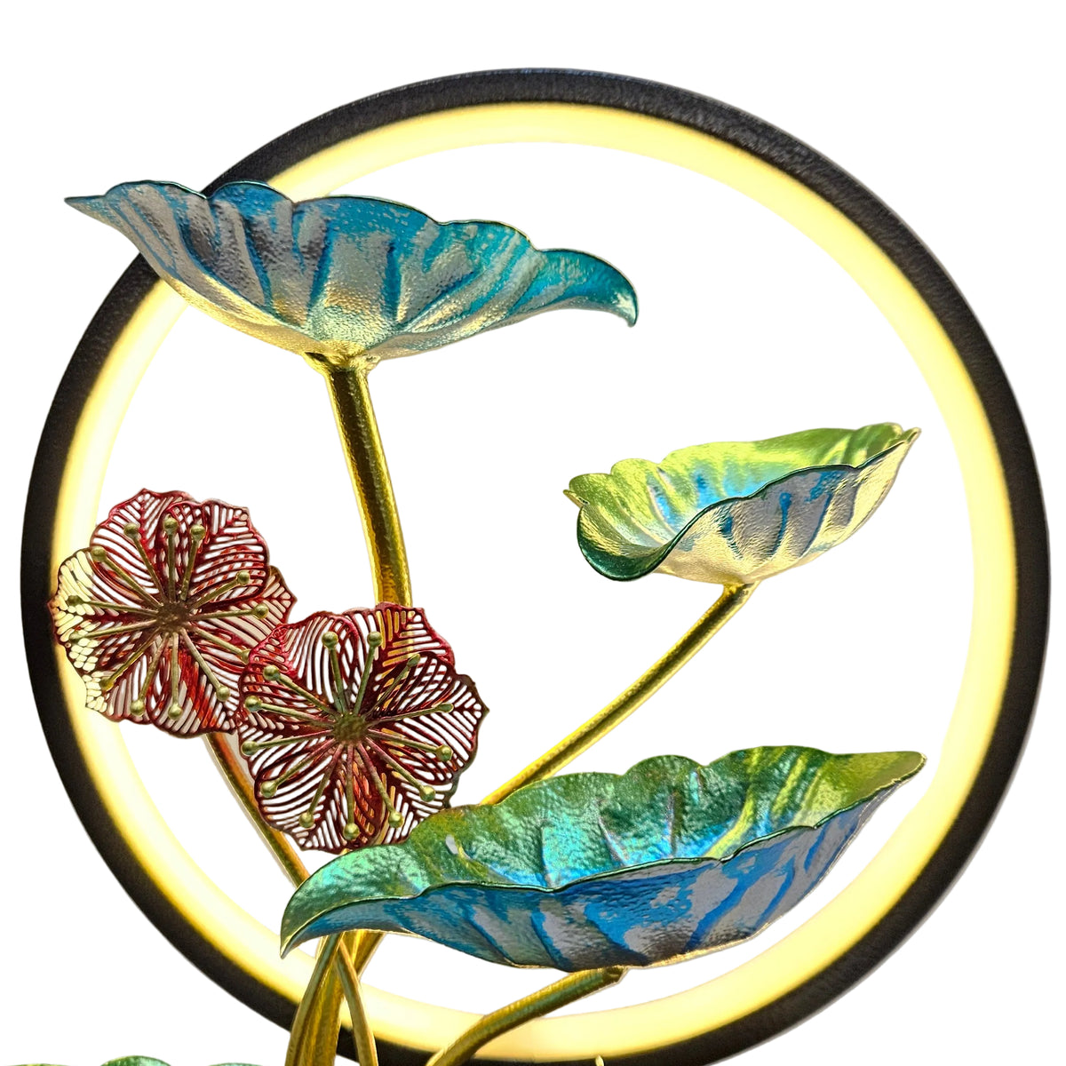 Tabletop water fountain colorful metallic  leaves and a built-in LED ring light on a marble look -finish base