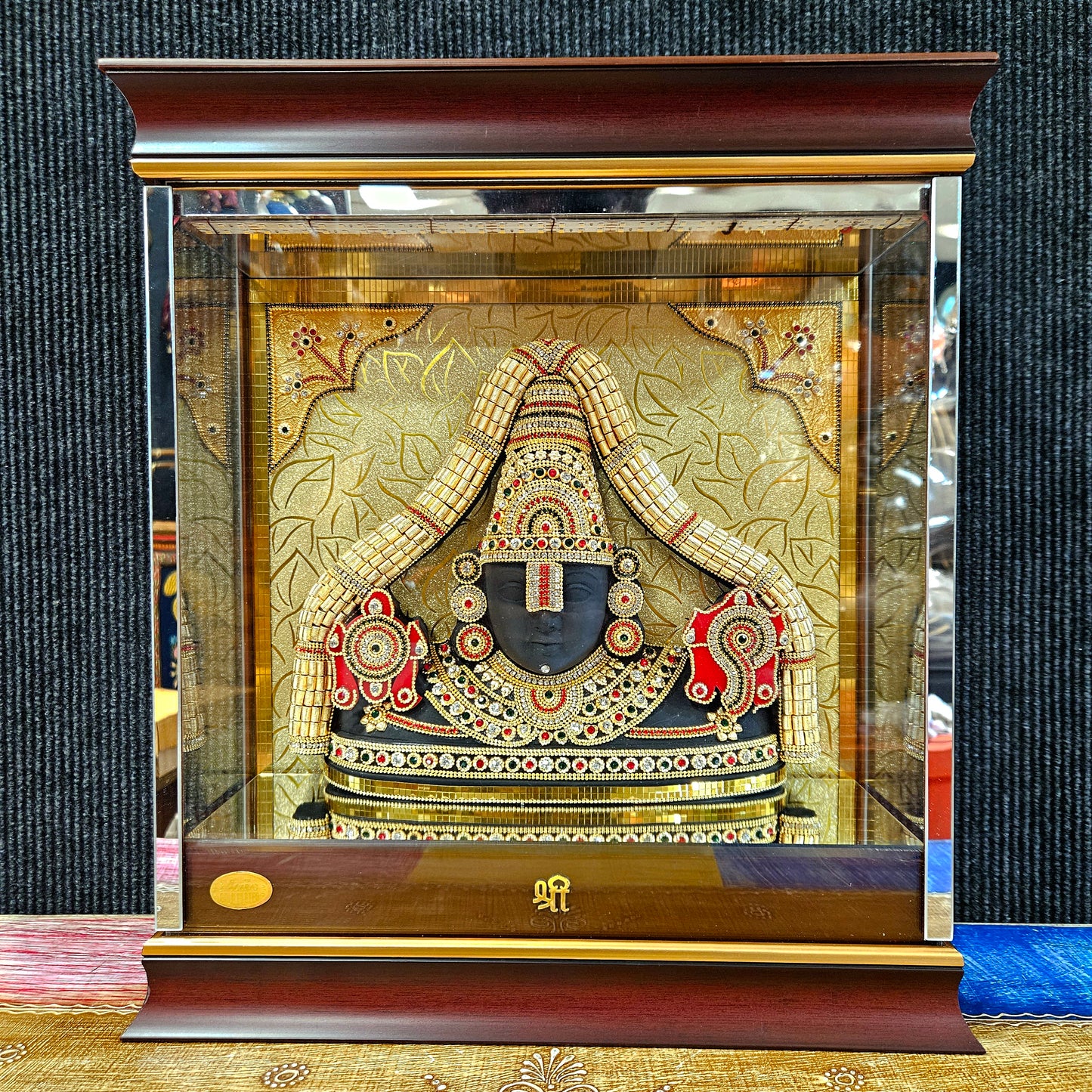 24carat gold Plated Balaji Statue idol Showpiece Decorated with attractive stones transparent protective cabin