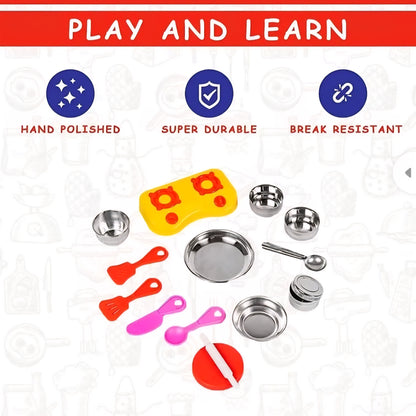 Little Fun Sweet Heart Kitchen Set 13 Pieces Steel & Plastic Combo Kitchen Fun Set for Kids
