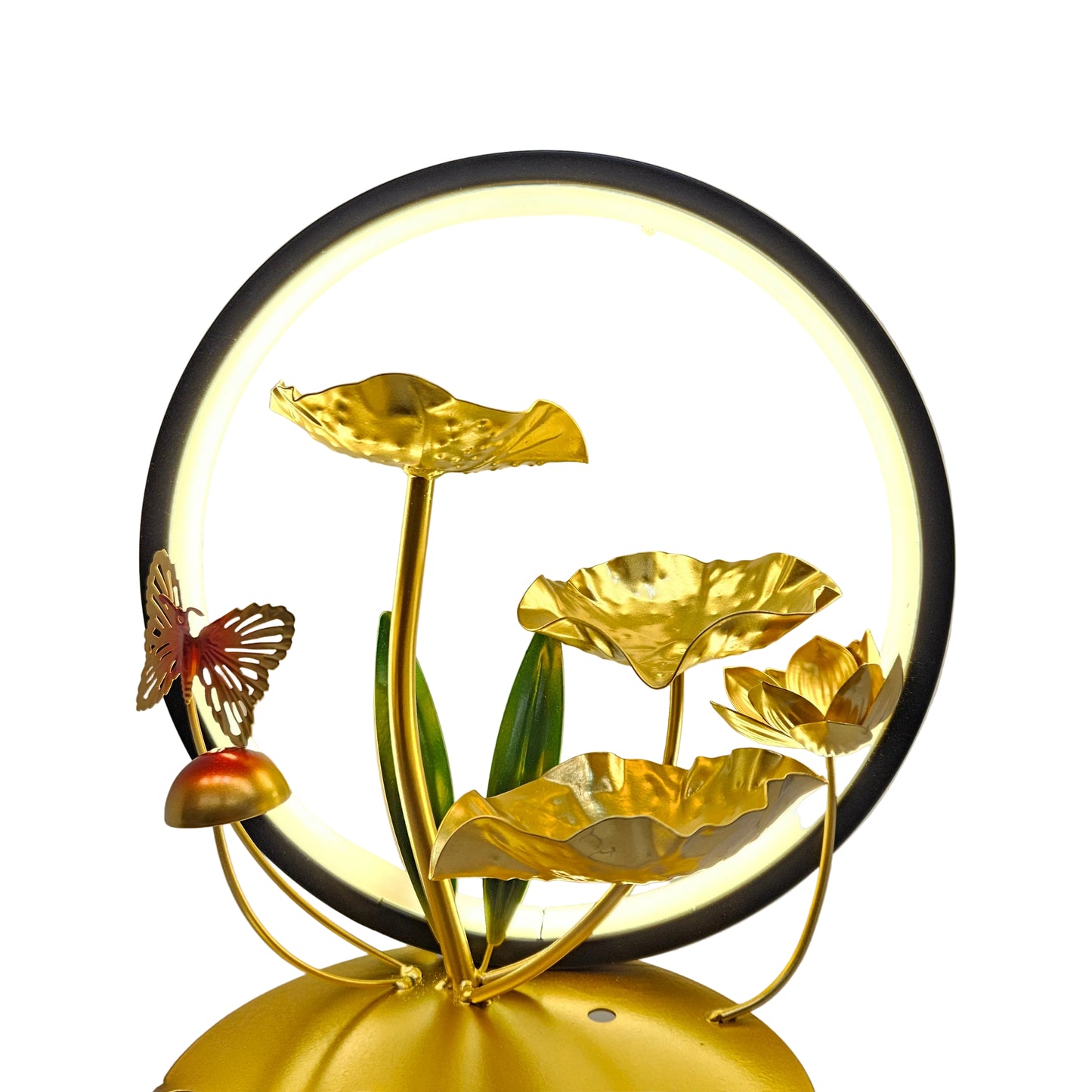 Golden lotus tabletop water fountain features a glass bowl base and a circular LED light ring
