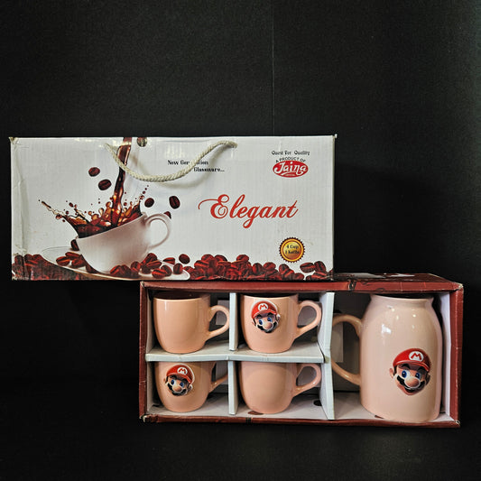 Set of four ceramic mugs with a decorative design in a wooden box, next to an Elegant branded box on a black background.