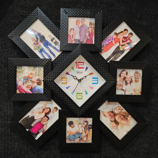 Decorative wall clock with family photos arranged around it on a dark background