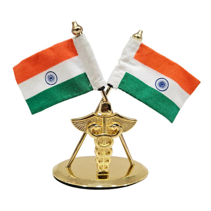 Indian National Flag with Brass made Caduceus Symbol- “The symbol of Medicine” for Home & Office Desk or Table and Corporate Gifting Purpose| Car Dashboard| Home Table| Office Desk| Gifting Purpose